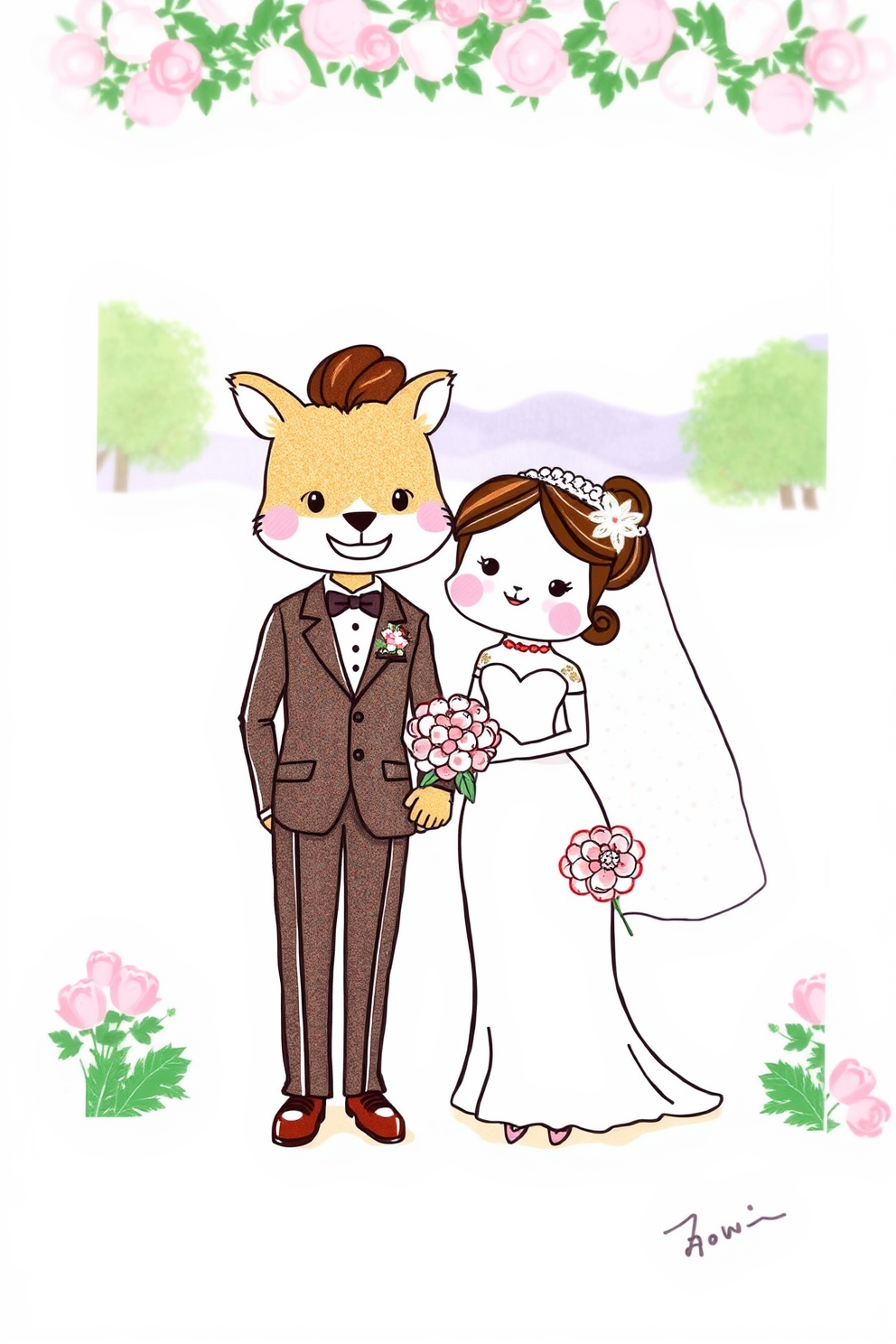 Doodle of Wedding Animals Drawing