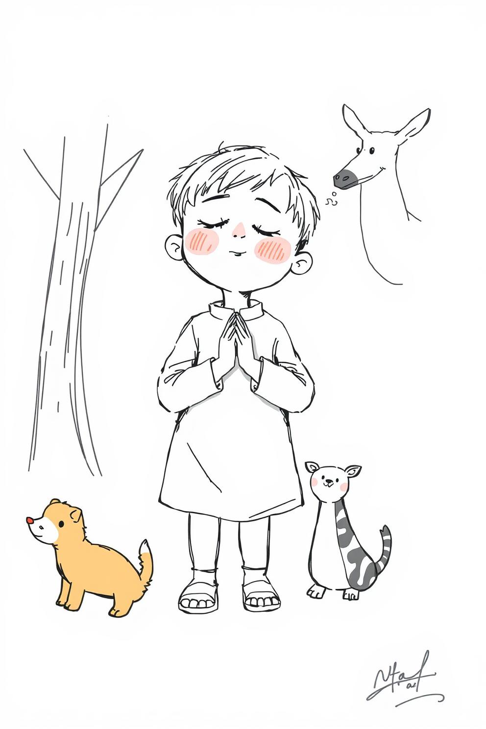 Doodle of a Child Praying with Animals Drawing