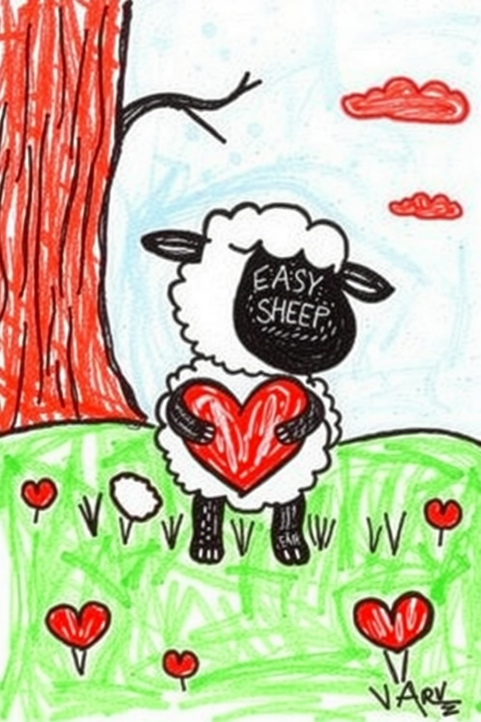 Easy Lost Sheep Holding a Heart Drawing