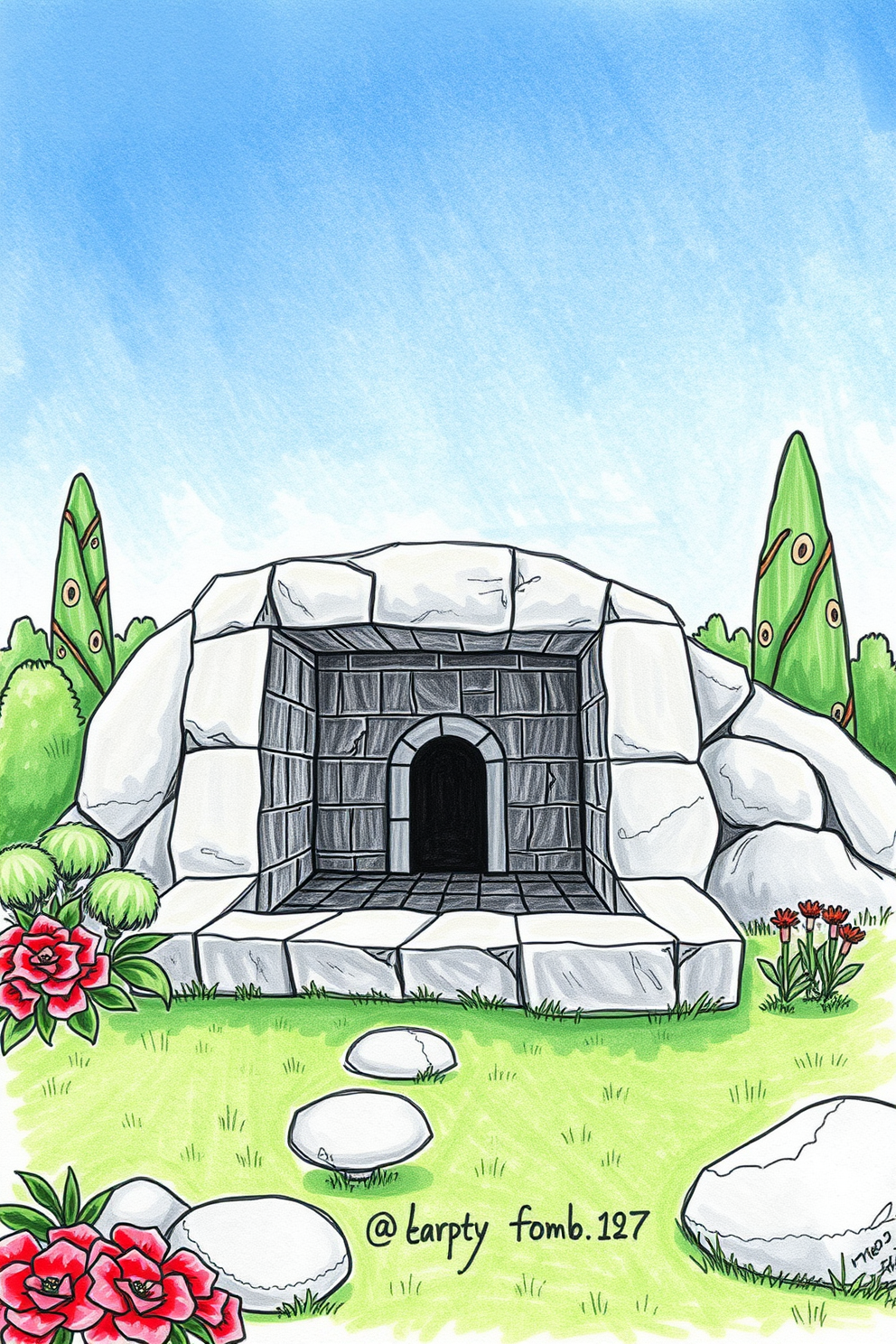 Empty Tomb in a Garden Drawing