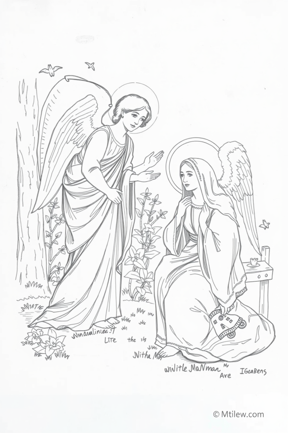 Gabriel Visits Mary - Angel in a Garden Drawing
