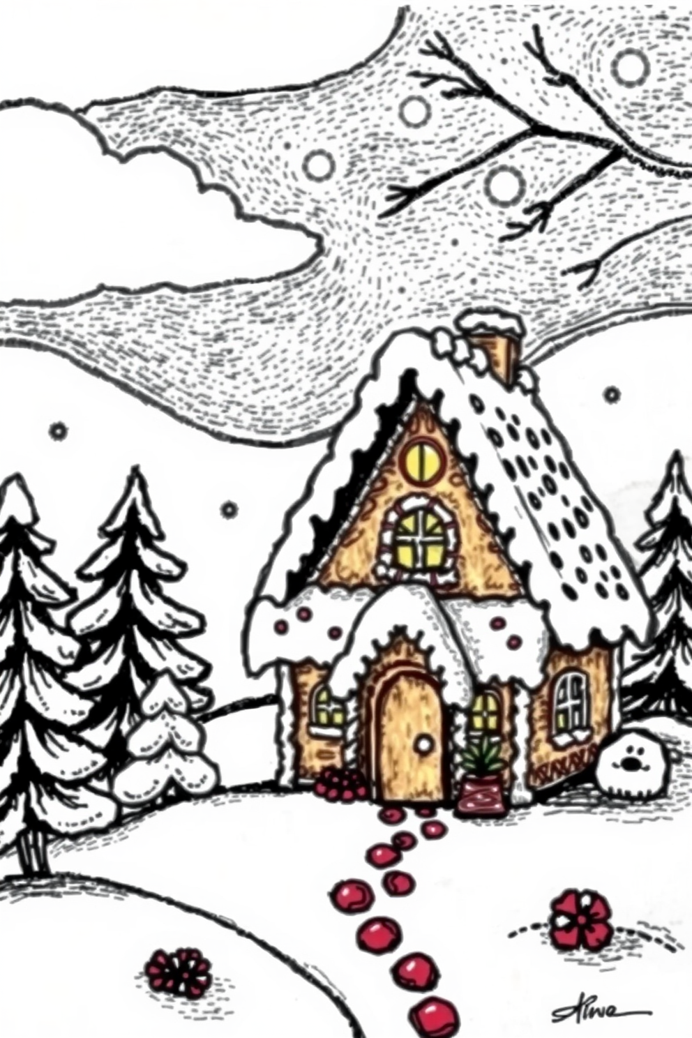 Gingerbread House in a Snowy Landscape Drawing