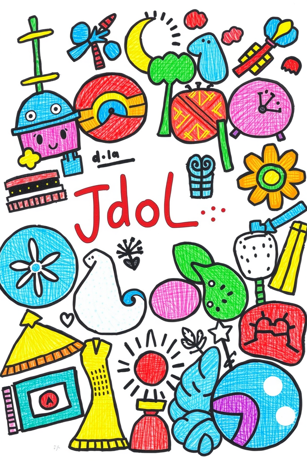 Idols drawing - colorful doodle of different cultural symbols