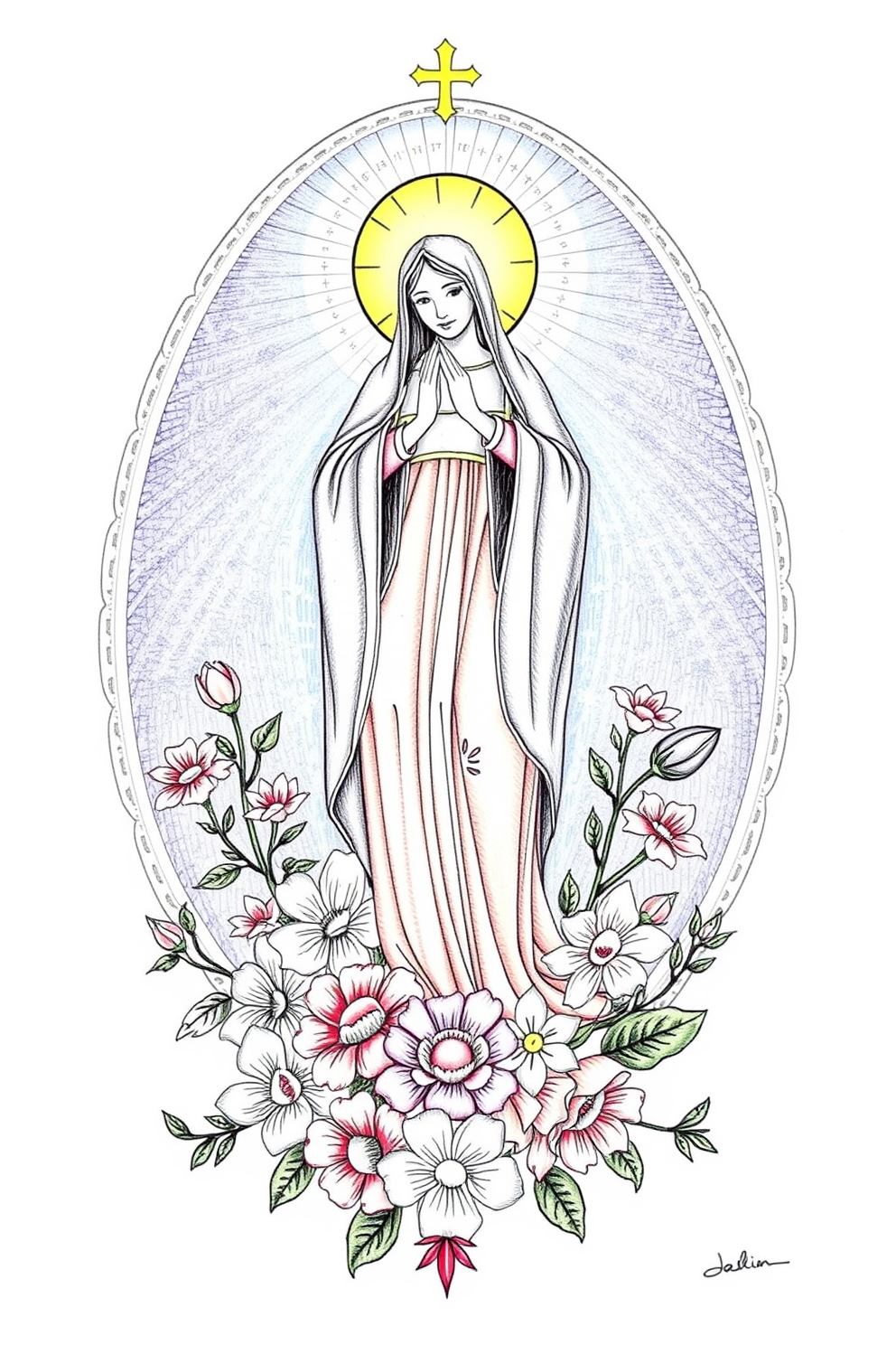 Immaculate Conception with Flowers Drawing