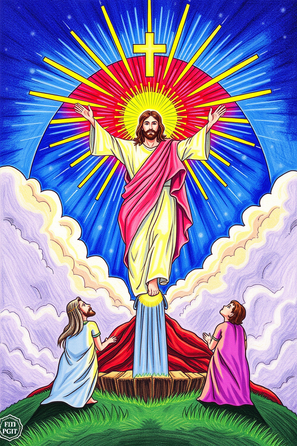 Jesus Ascension Colorful Scene Drawing