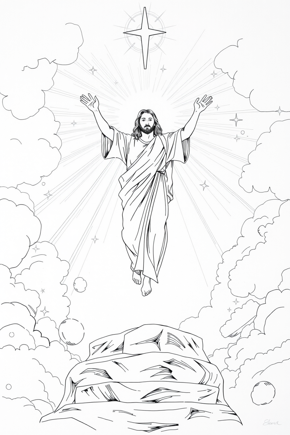 Jesus Ascension Monoline Art Drawing