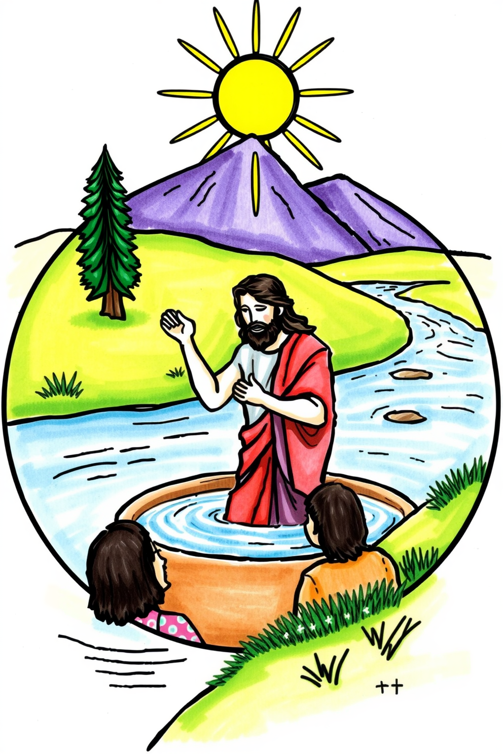 Jesus Baptism Colorful River Scene Drawing