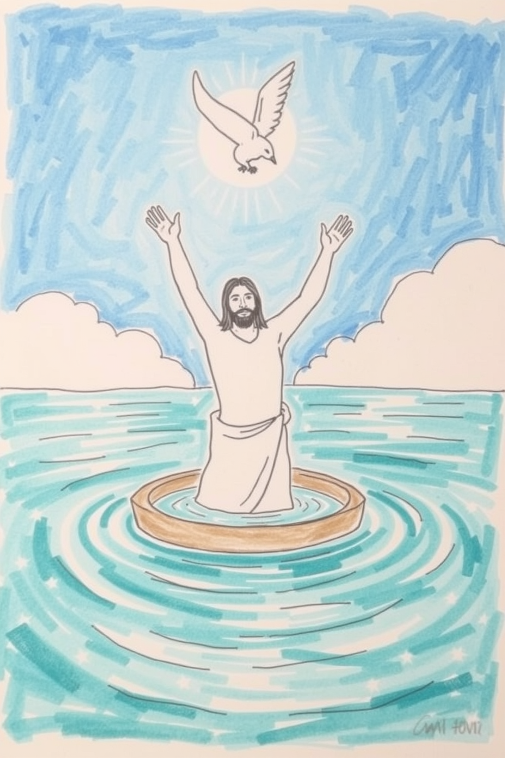 Jesus Baptism Floating Dove Drawing