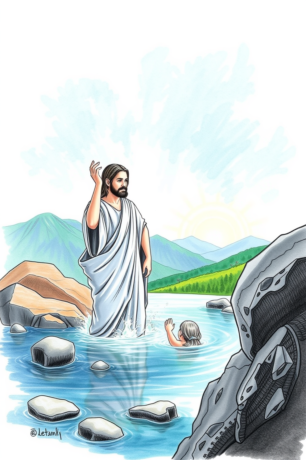Jesus Baptism Realistic Nature Background Drawing