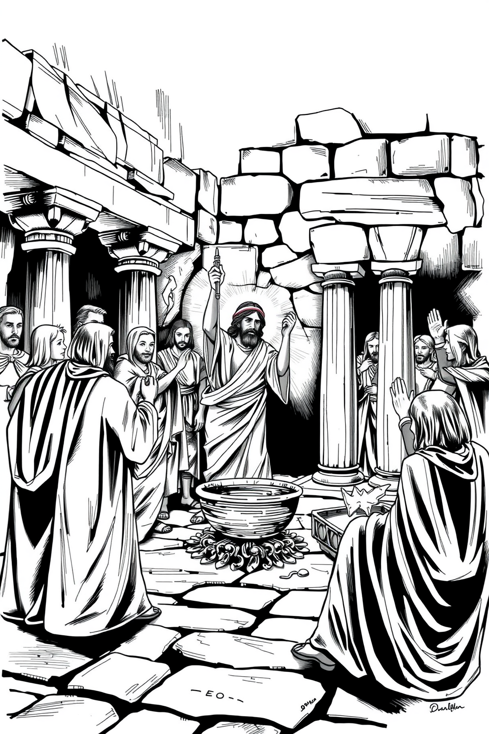 Jesus Cleanses the Temple Black and White Drawing