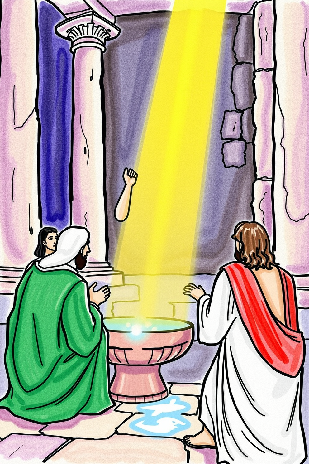 Jesus Cleanses the Temple Colorful Scene Drawing