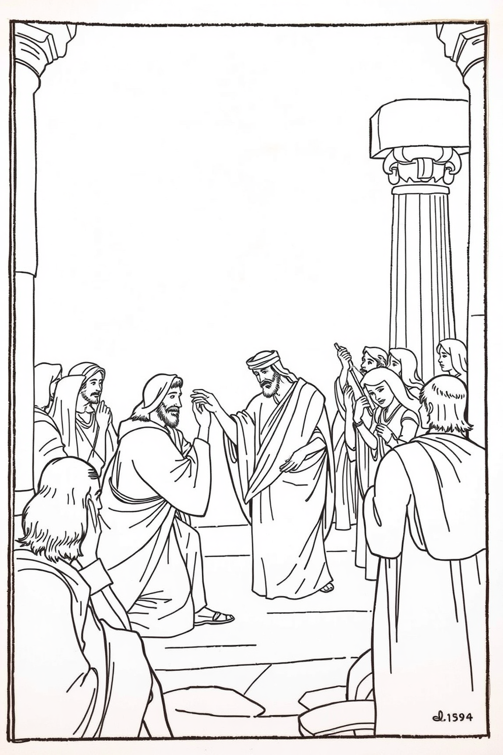 Jesus Cleanses the Temple Monoline Drawing