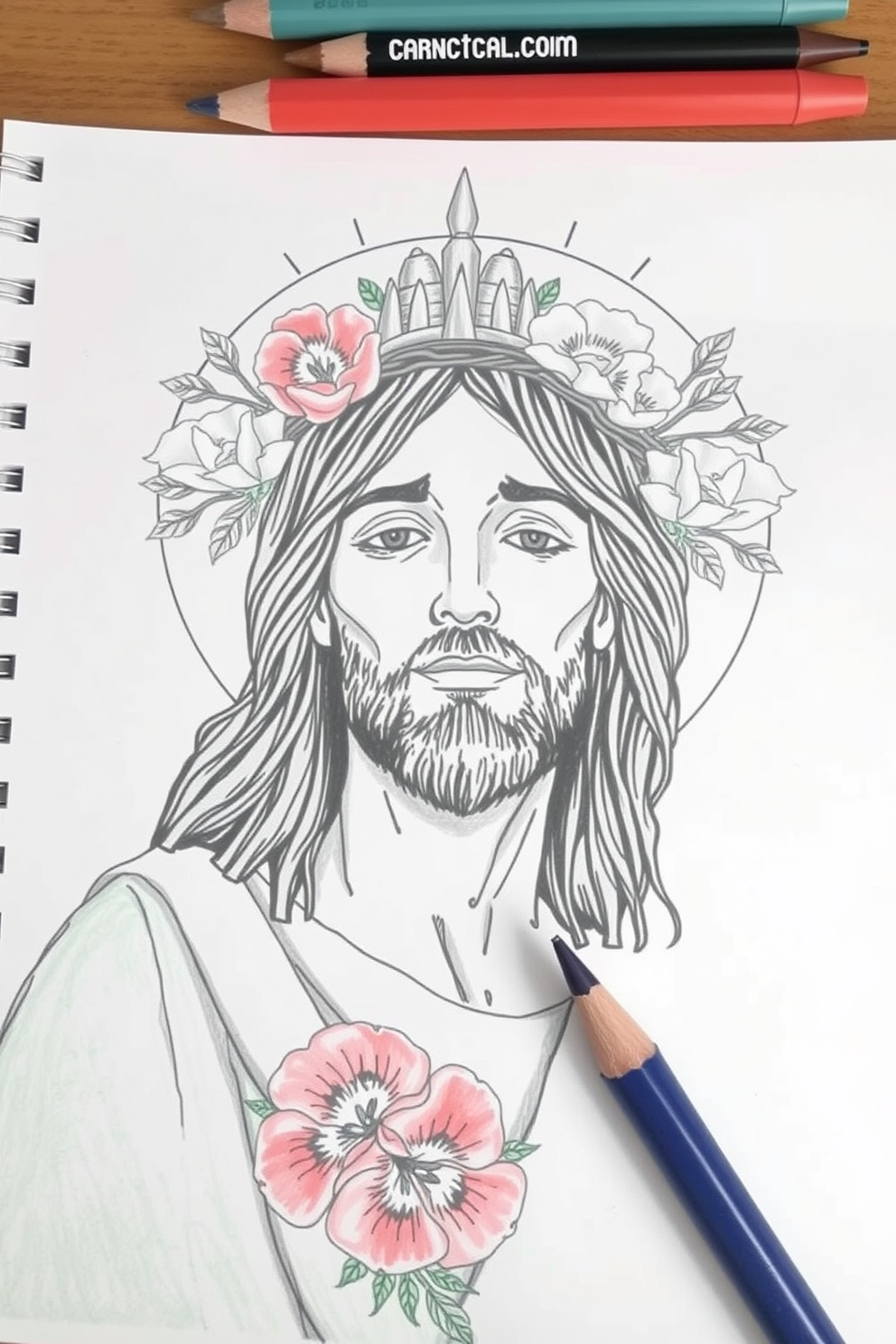 Jesus’ Crown of Thorns with Flowers Drawing
