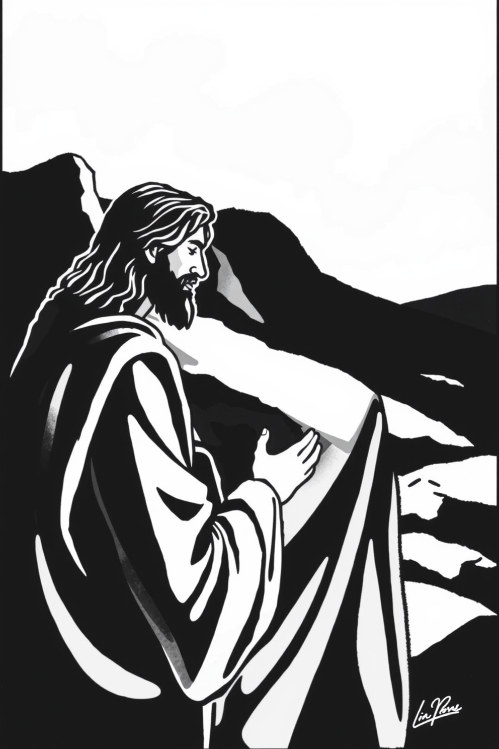 Jesus Forgives Peter Black and White Illustration