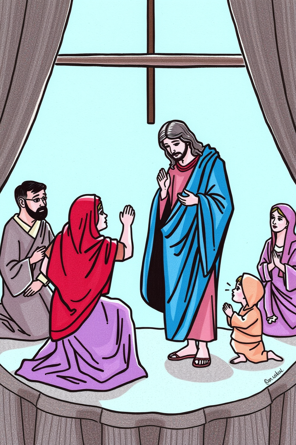Jesus Heals a Family in Prayer Drawing