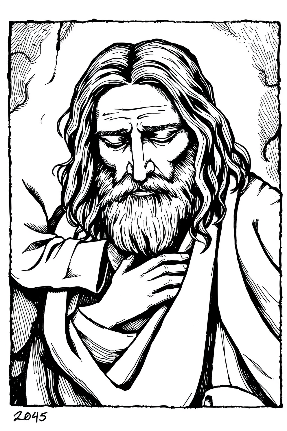 Jesus Heals the Blind Man - Black and White Ink Drawing