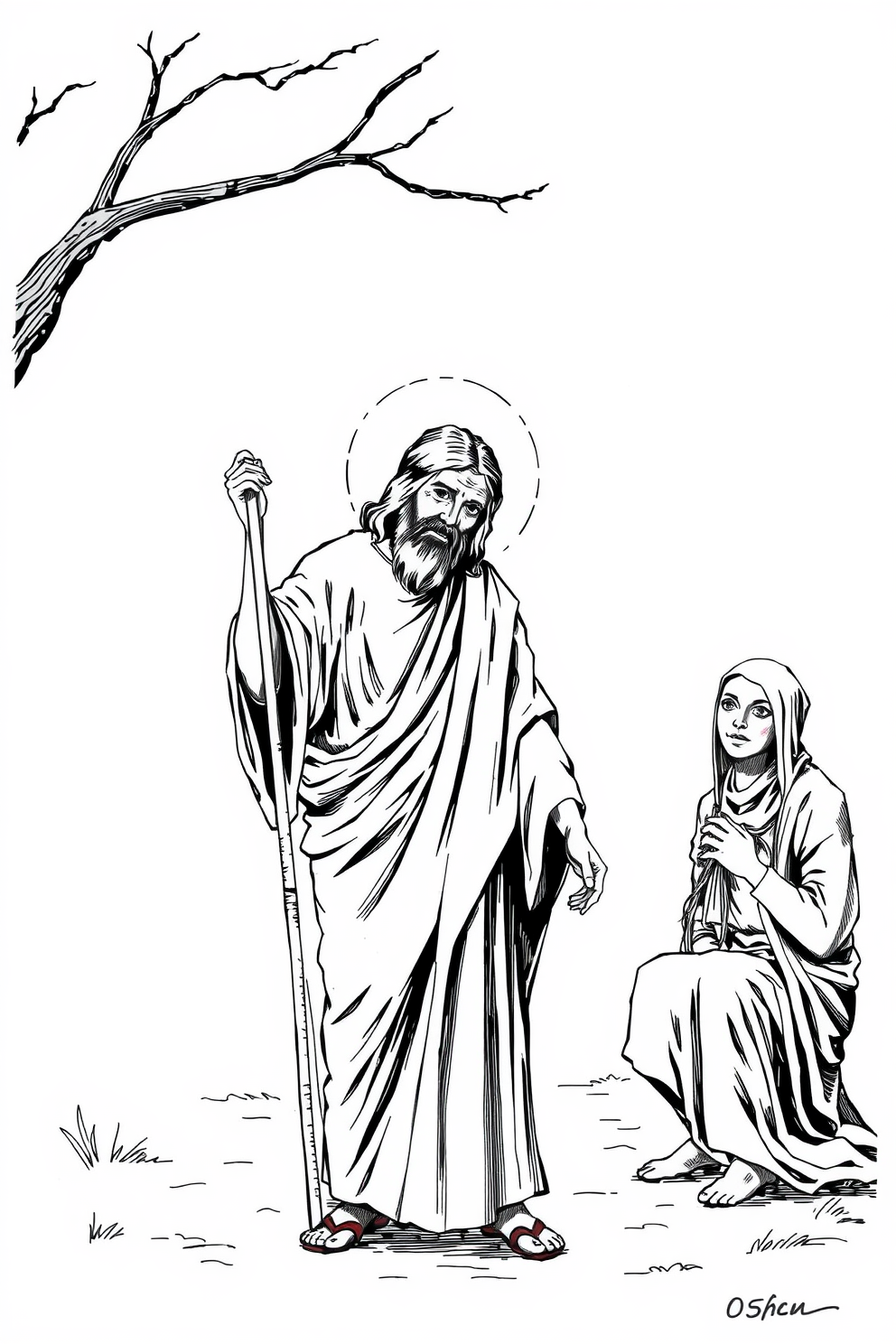 Jesus Heals the Leper - Black and White Drawing