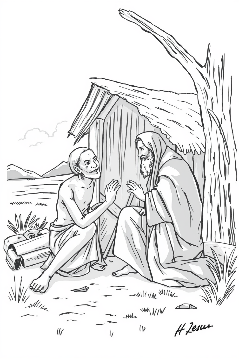 Jesus Heals the Leper in a Village Drawing