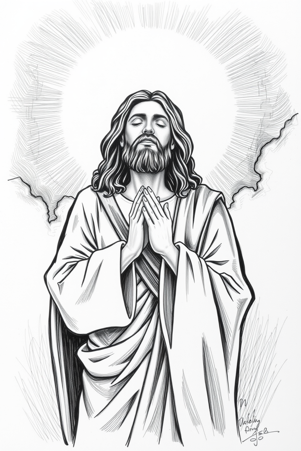 Jesus Praying Black and White Drawing