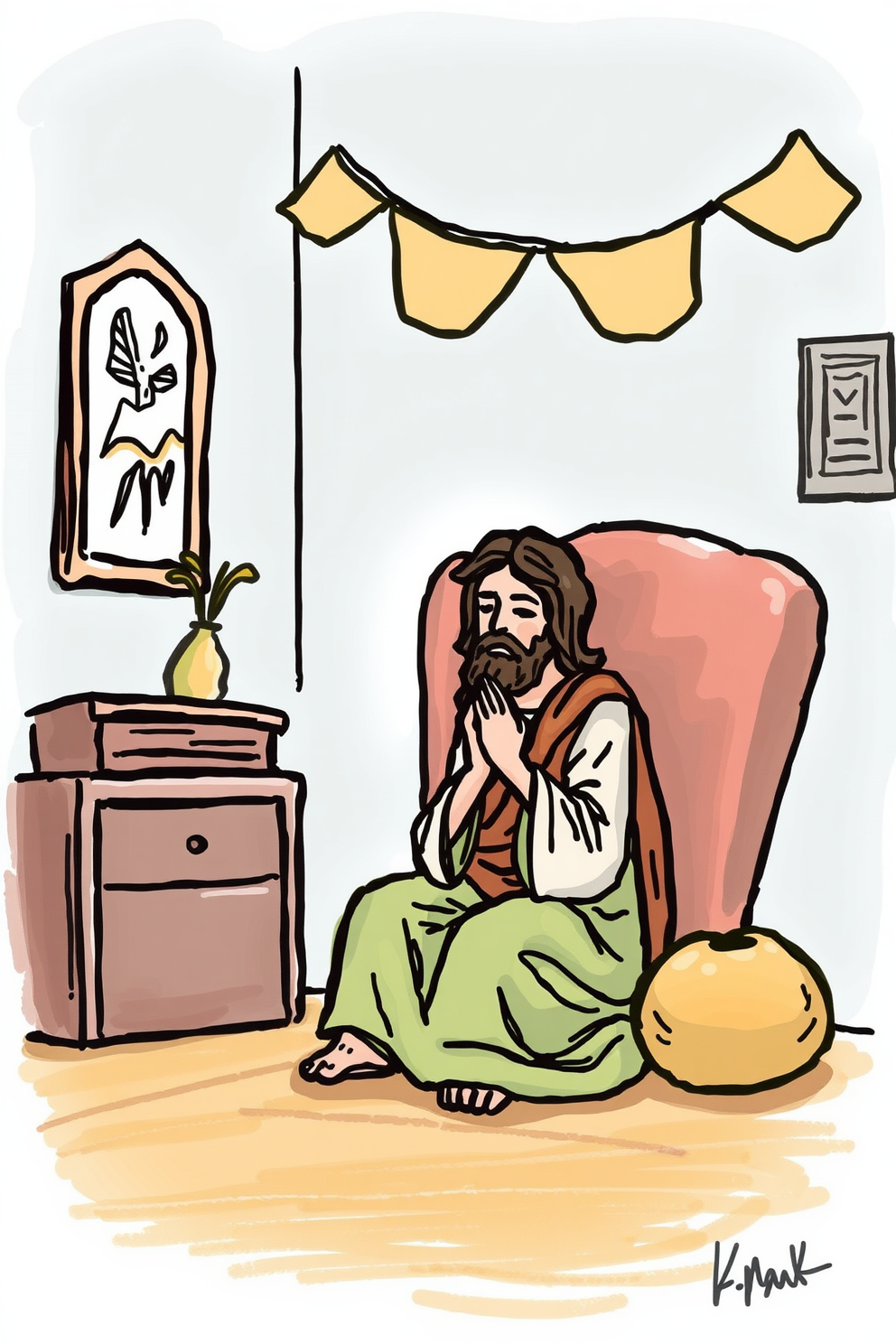 Jesus Praying in a Cozy Room Drawing