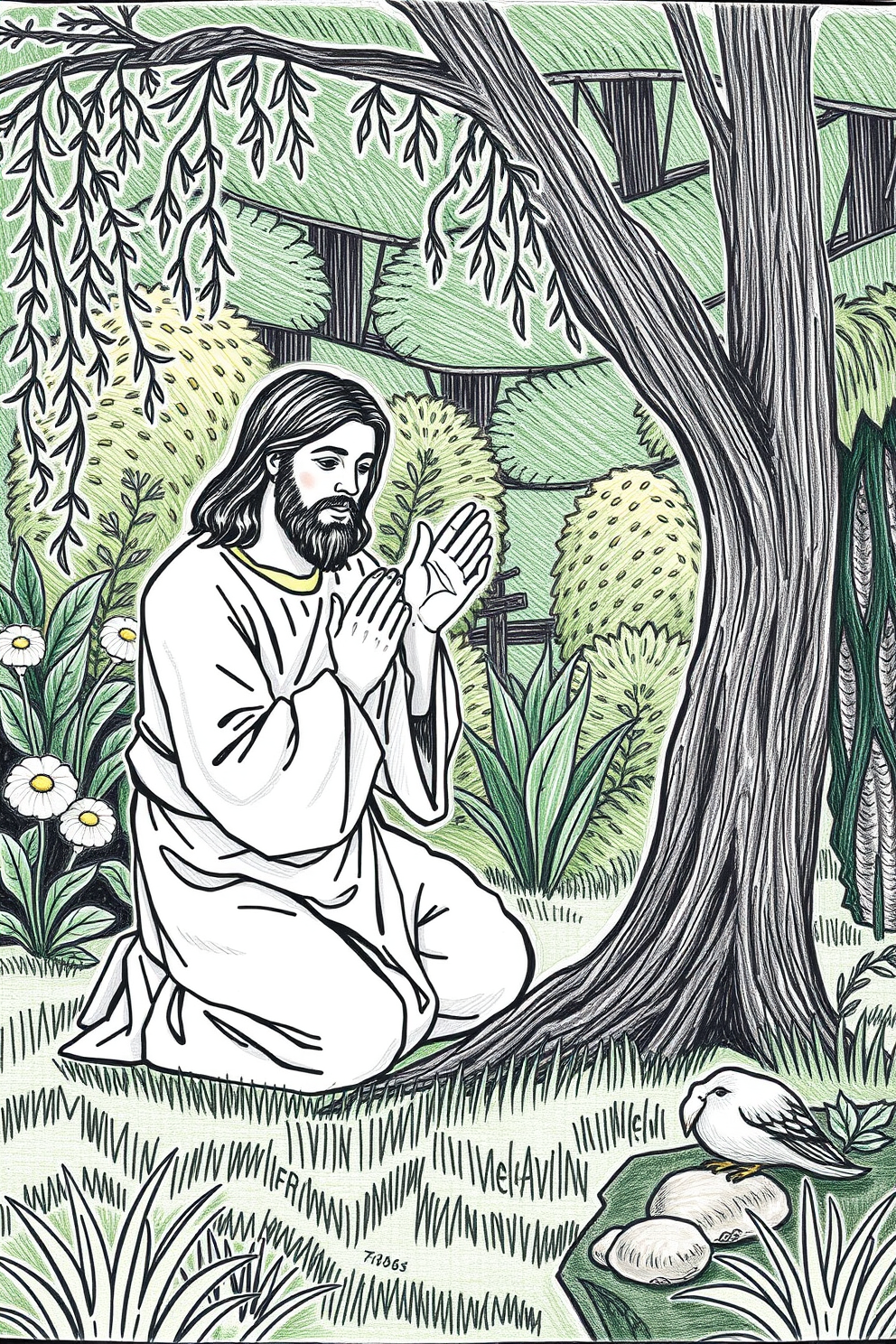 Jesus Praying in a Garden Drawing