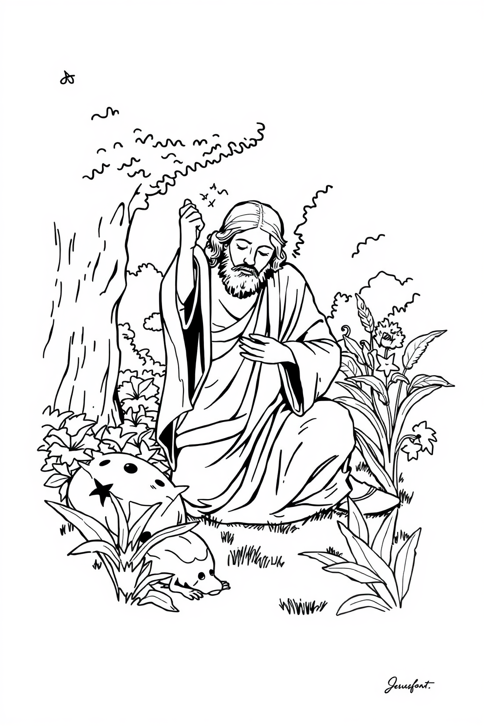 Jesus Praying in the Garden Black and White Monoline Drawing