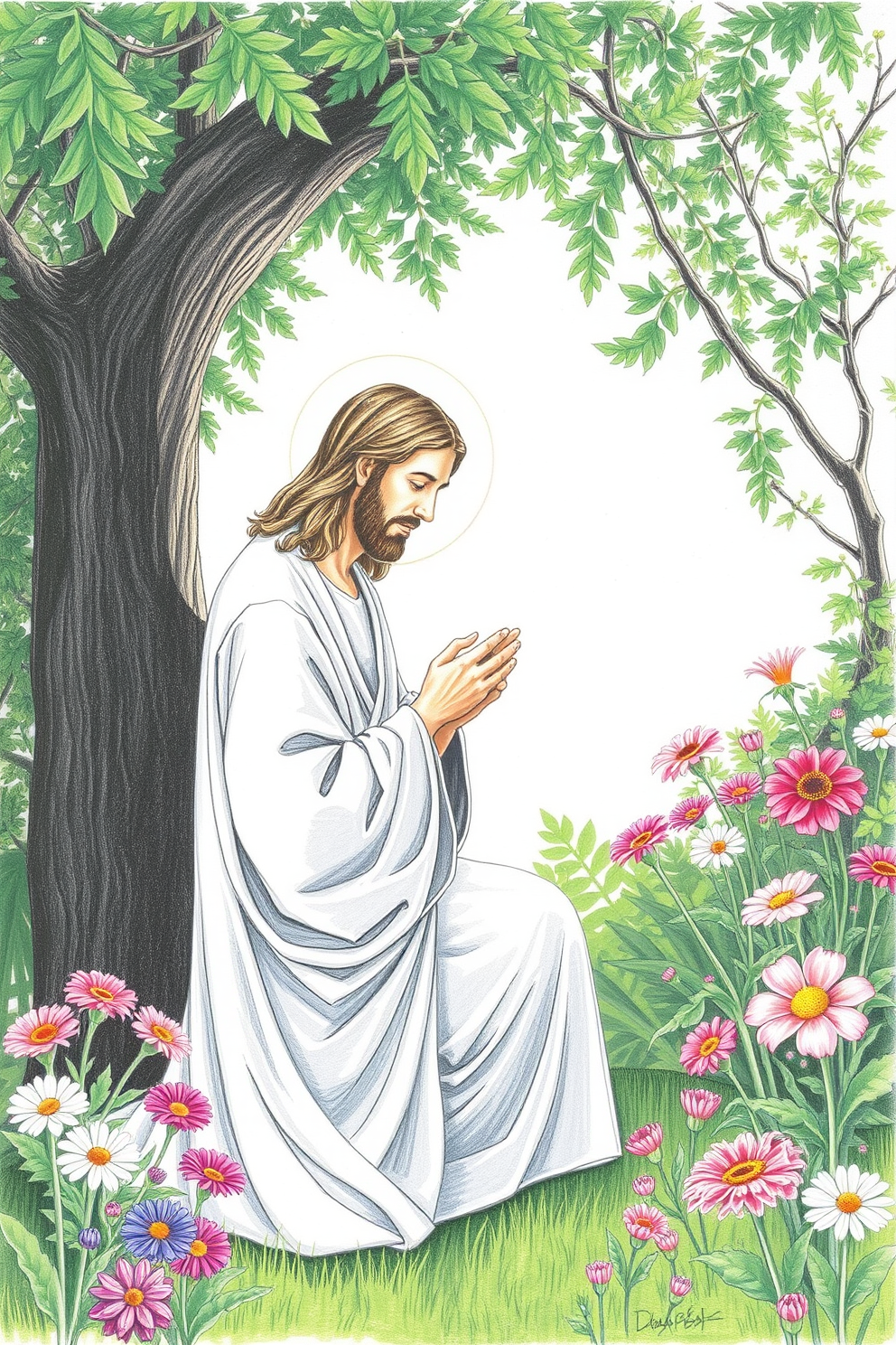 Jesus Praying in the Garden - Color Pencil Drawing with Flowers