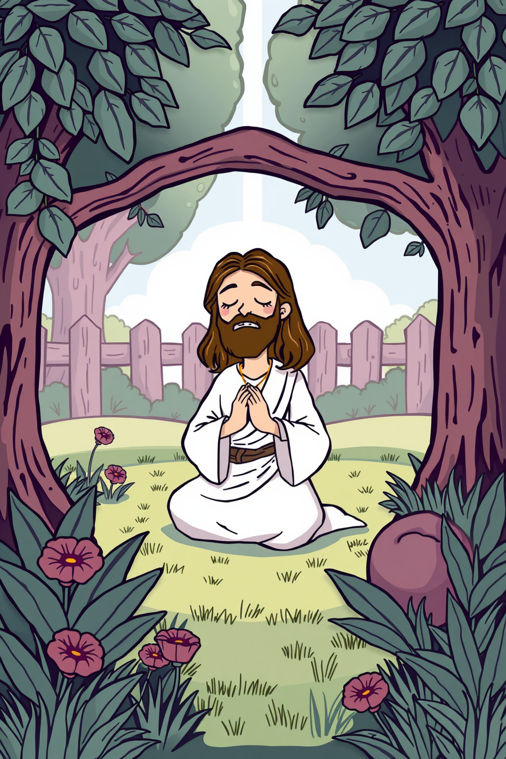 Jesus Praying in the Garden - Cute Cartoon Style Drawing