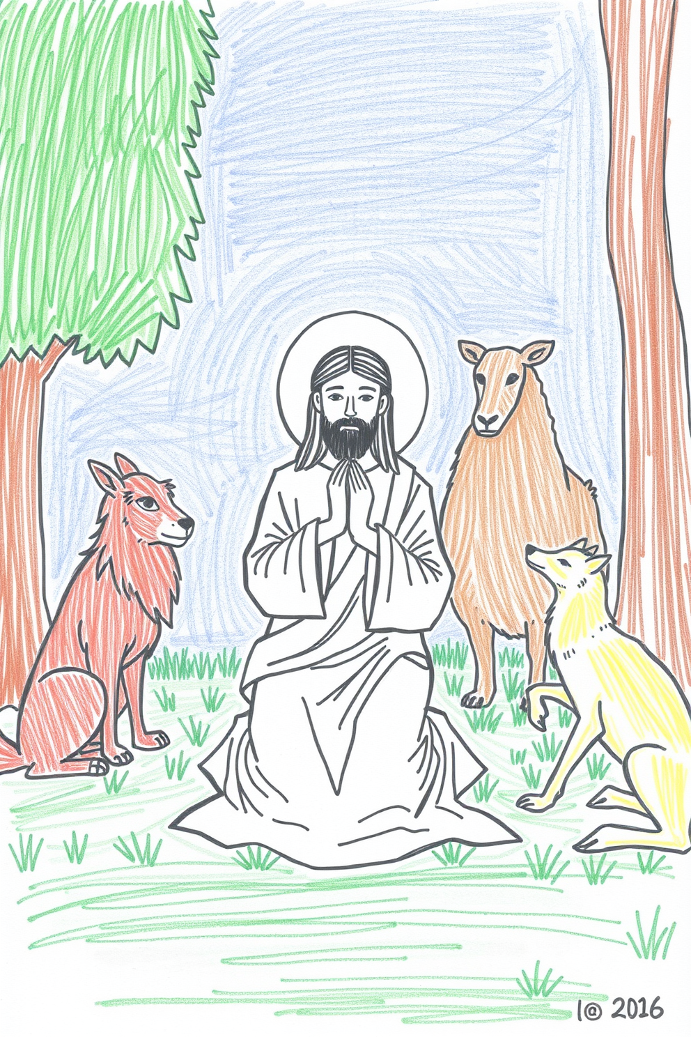 Jesus Praying with Animals Drawing