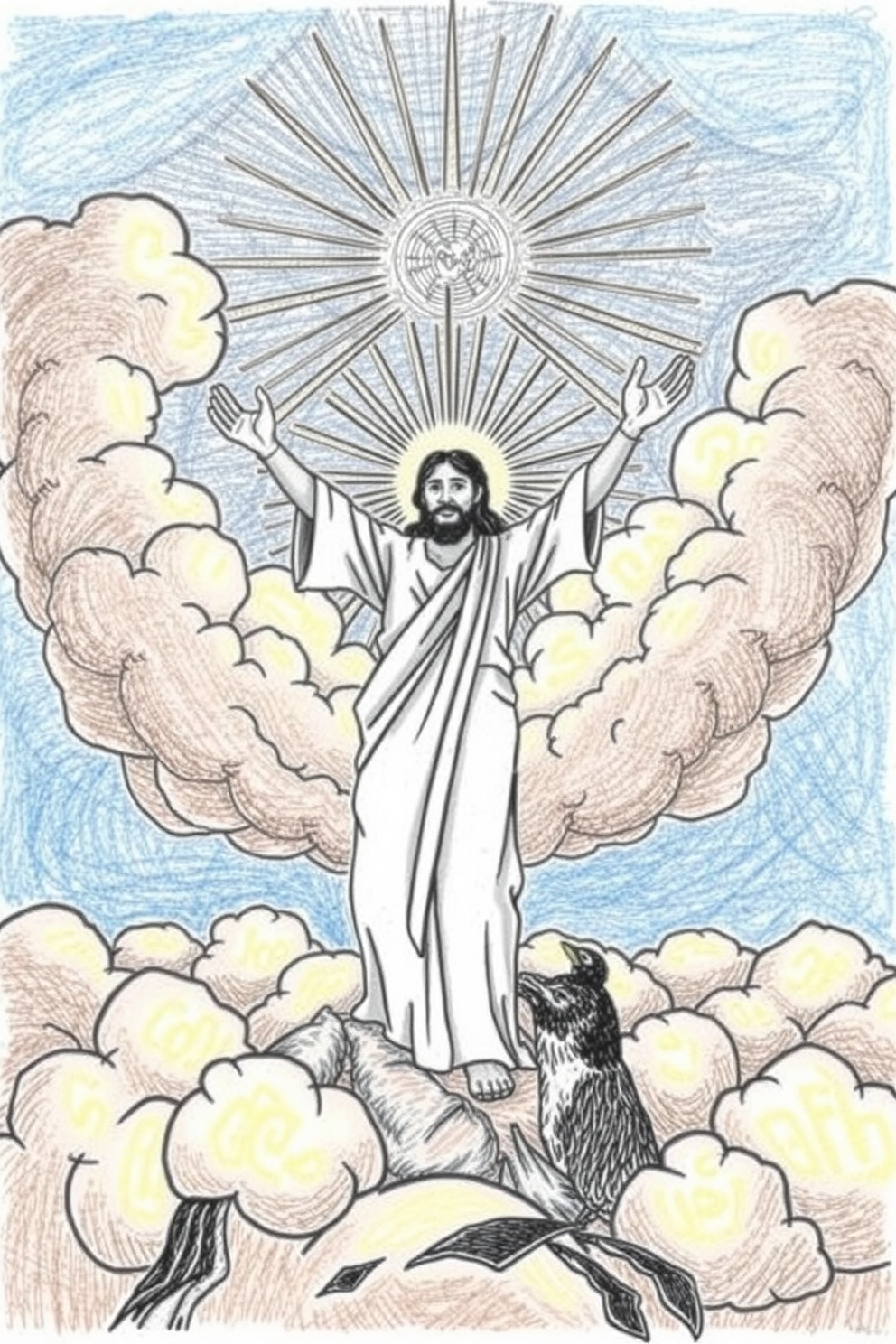 Jesus Resurrection in the Clouds Drawing