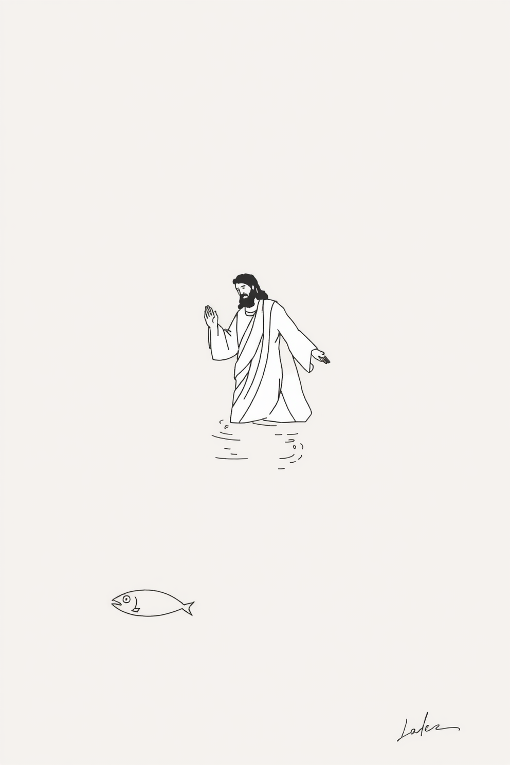 Jesus Walking on Water with Fish Drawing