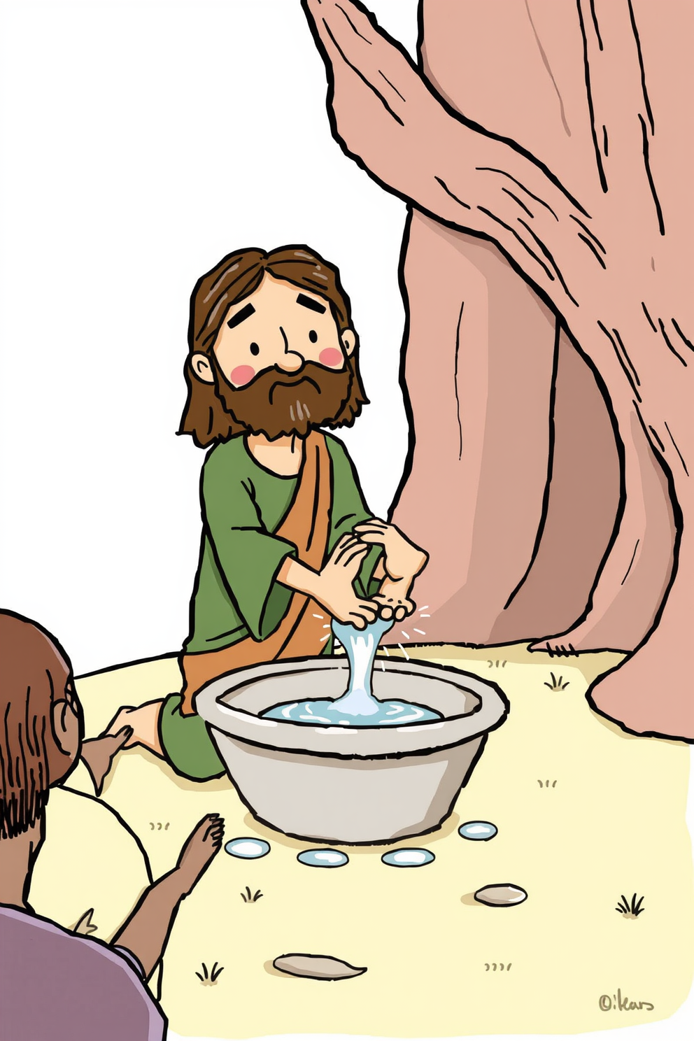 Jesus Washing Feet Drawing - Playful Cartoon Version