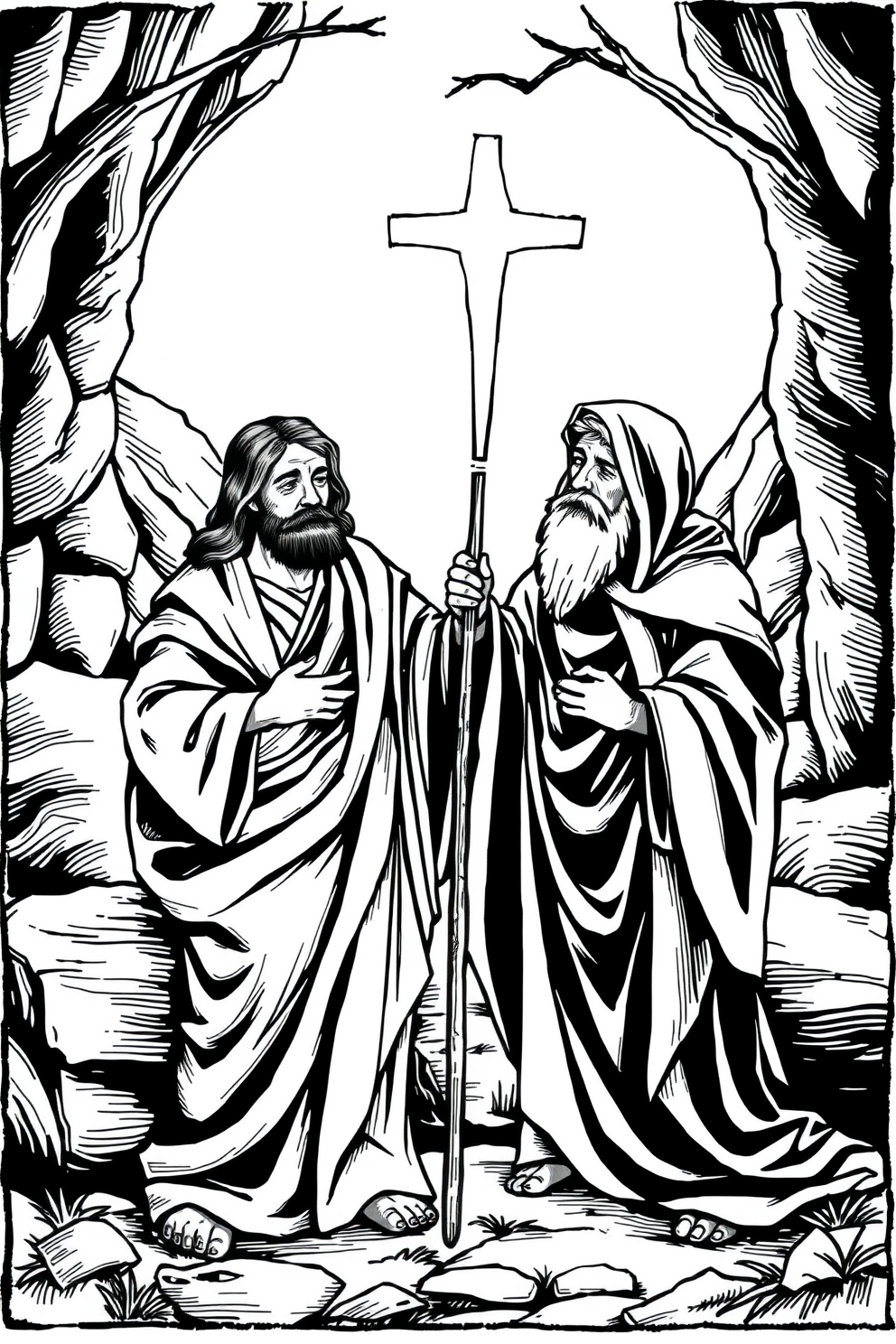 Jesus and Nicodemus Black and White Illustration Drawing