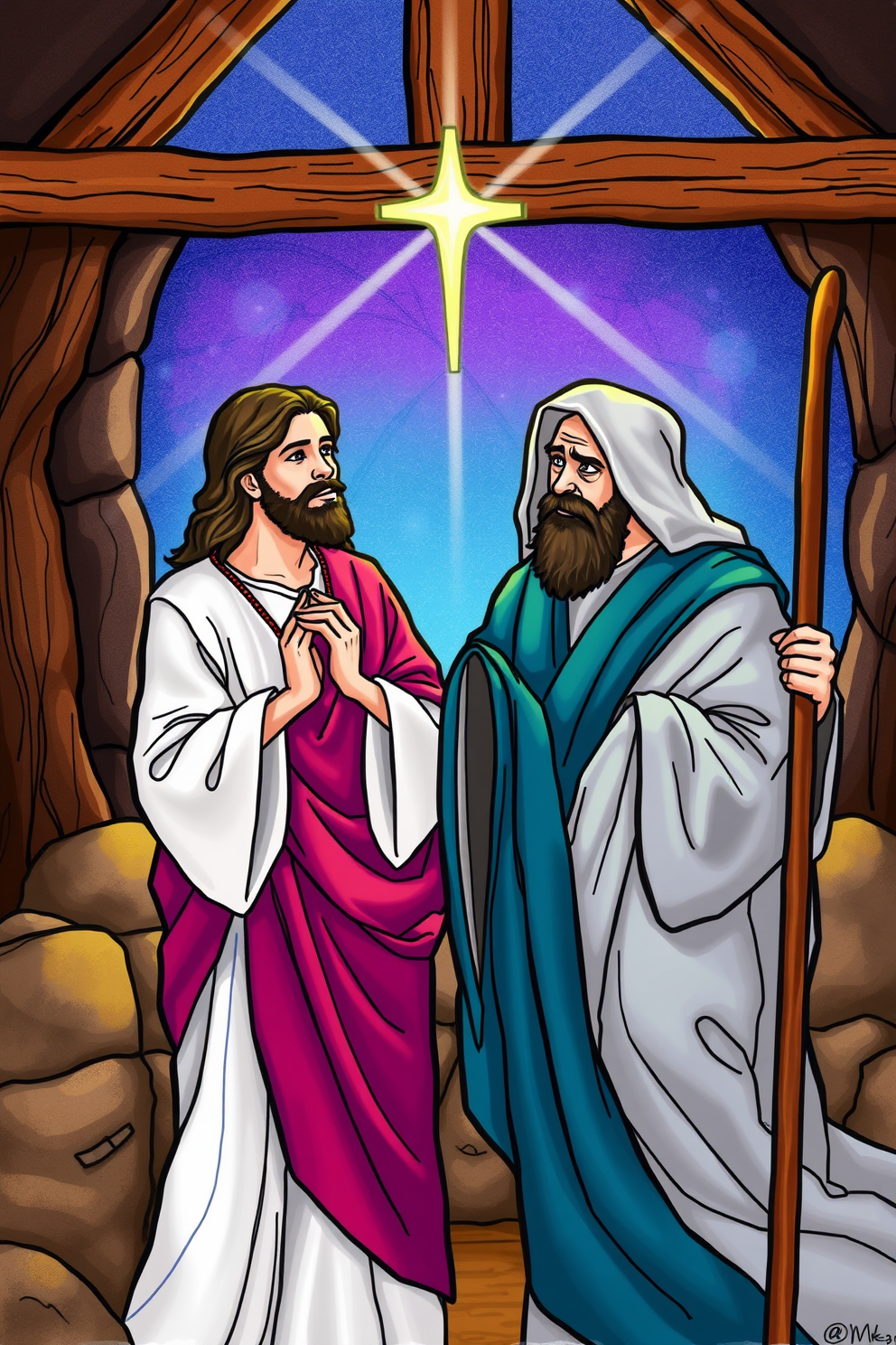 Jesus and Nicodemus Colorful Scene Drawing
