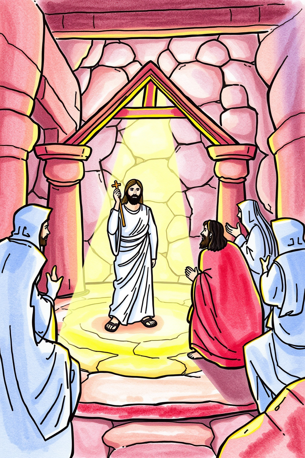 Jesus in the Temple Colorful Scene Drawing
