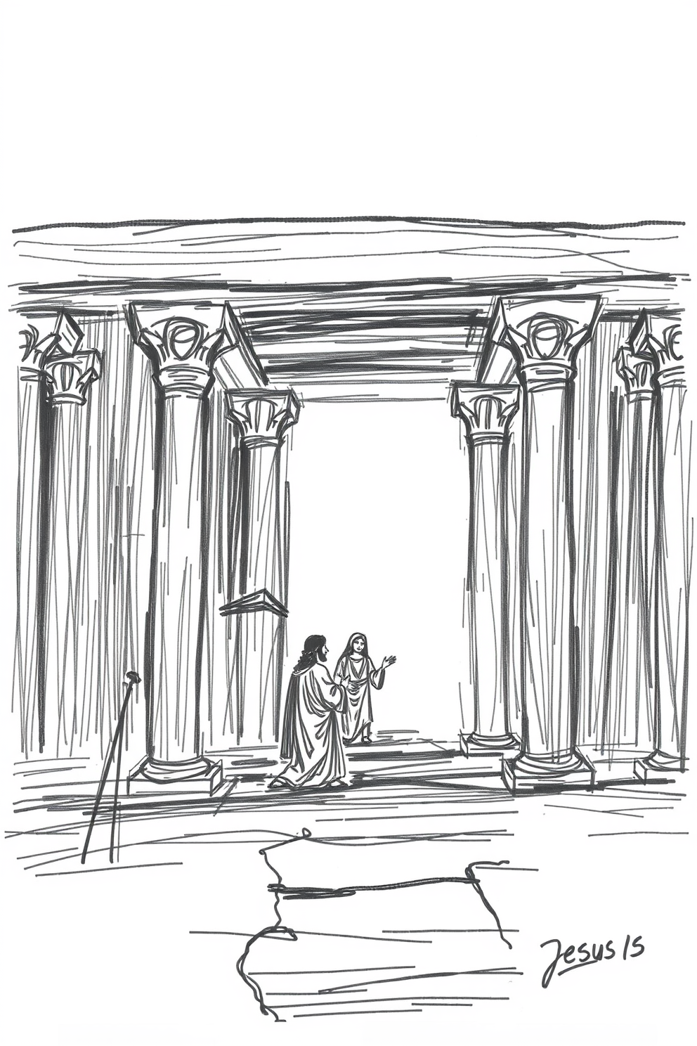 Jesus in the Temple Sketch Style Drawing