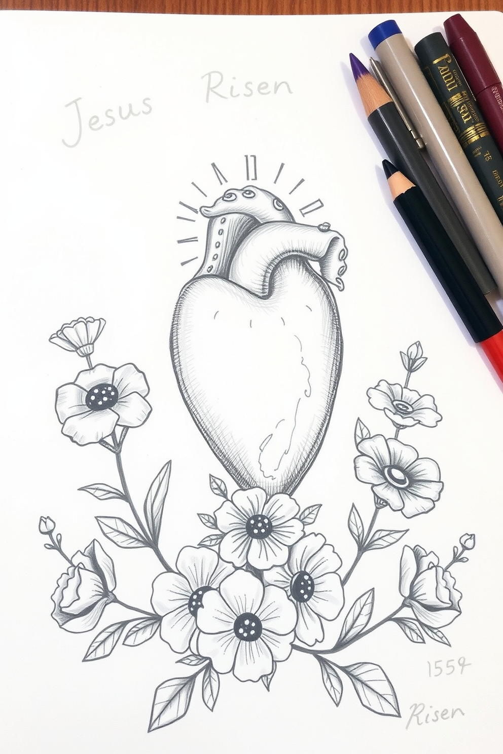 Jesus is Risen Heart with Flowers Drawing