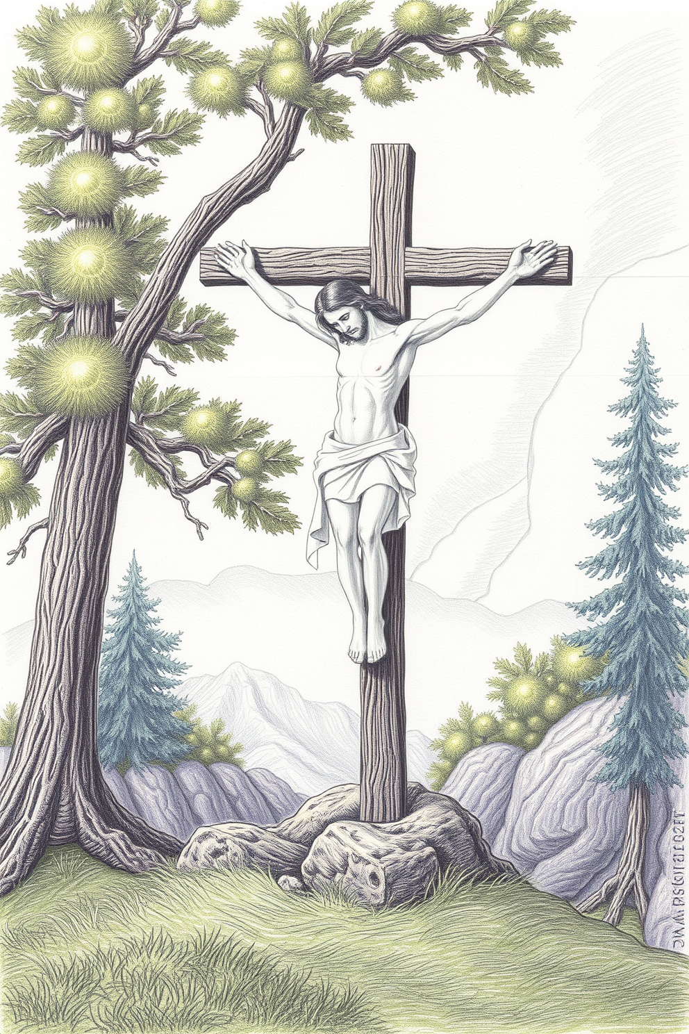 Jesus on the Cross in Nature Drawing