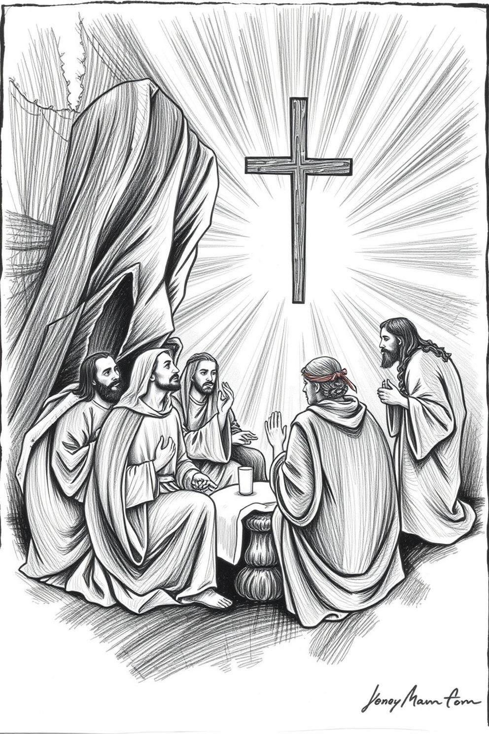 Jesus with Disciples in Transfiguration Drawing