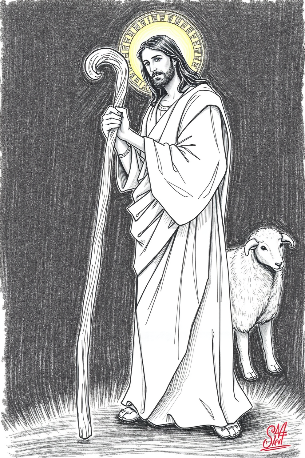 Jesus with a shepherd's staff drawing