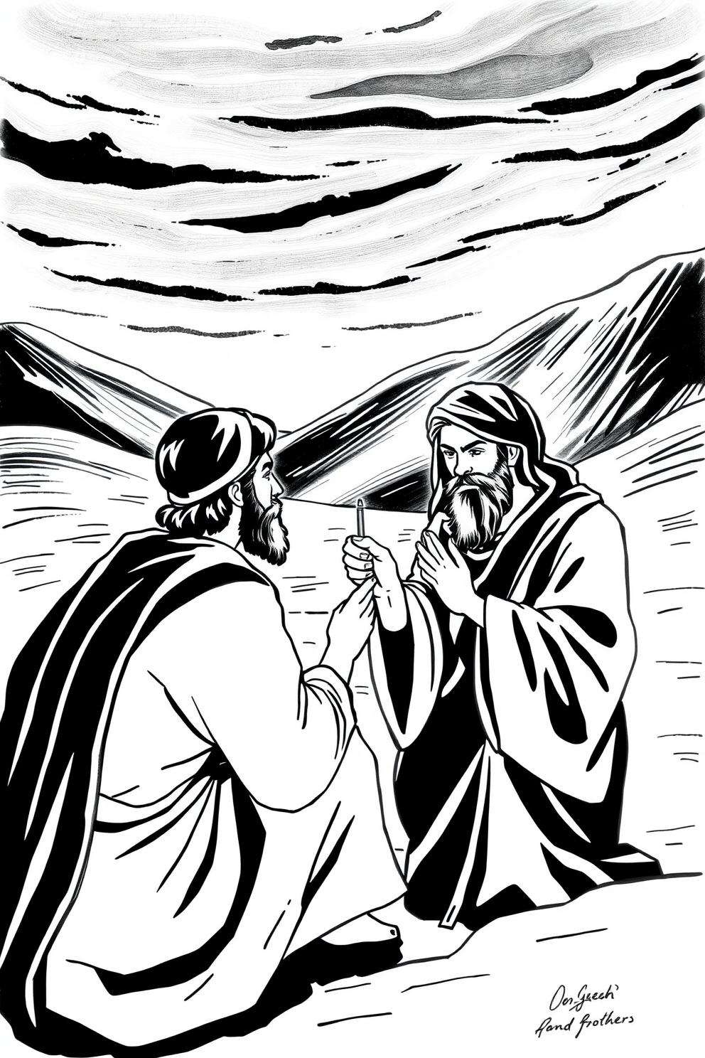 Joseph Forgives His Brothers Black and White Drawing