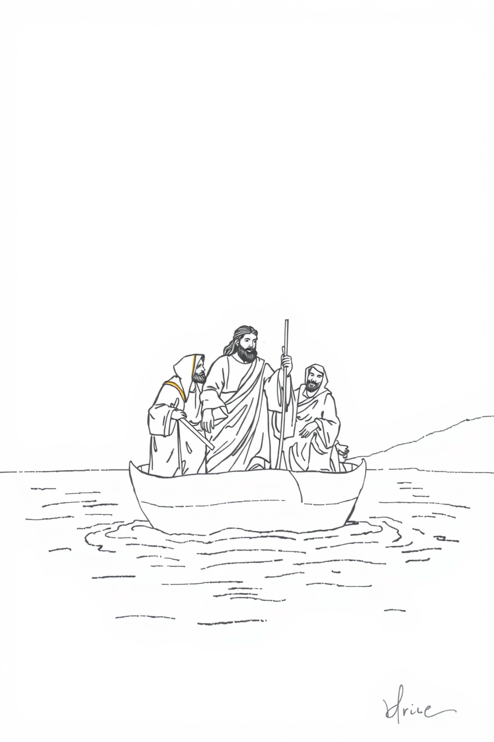 Line Drawing of Jesus and Disciples on Water Drawing