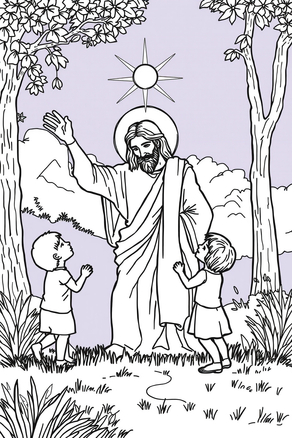 Line Drawing of Jesus with Children in Nature