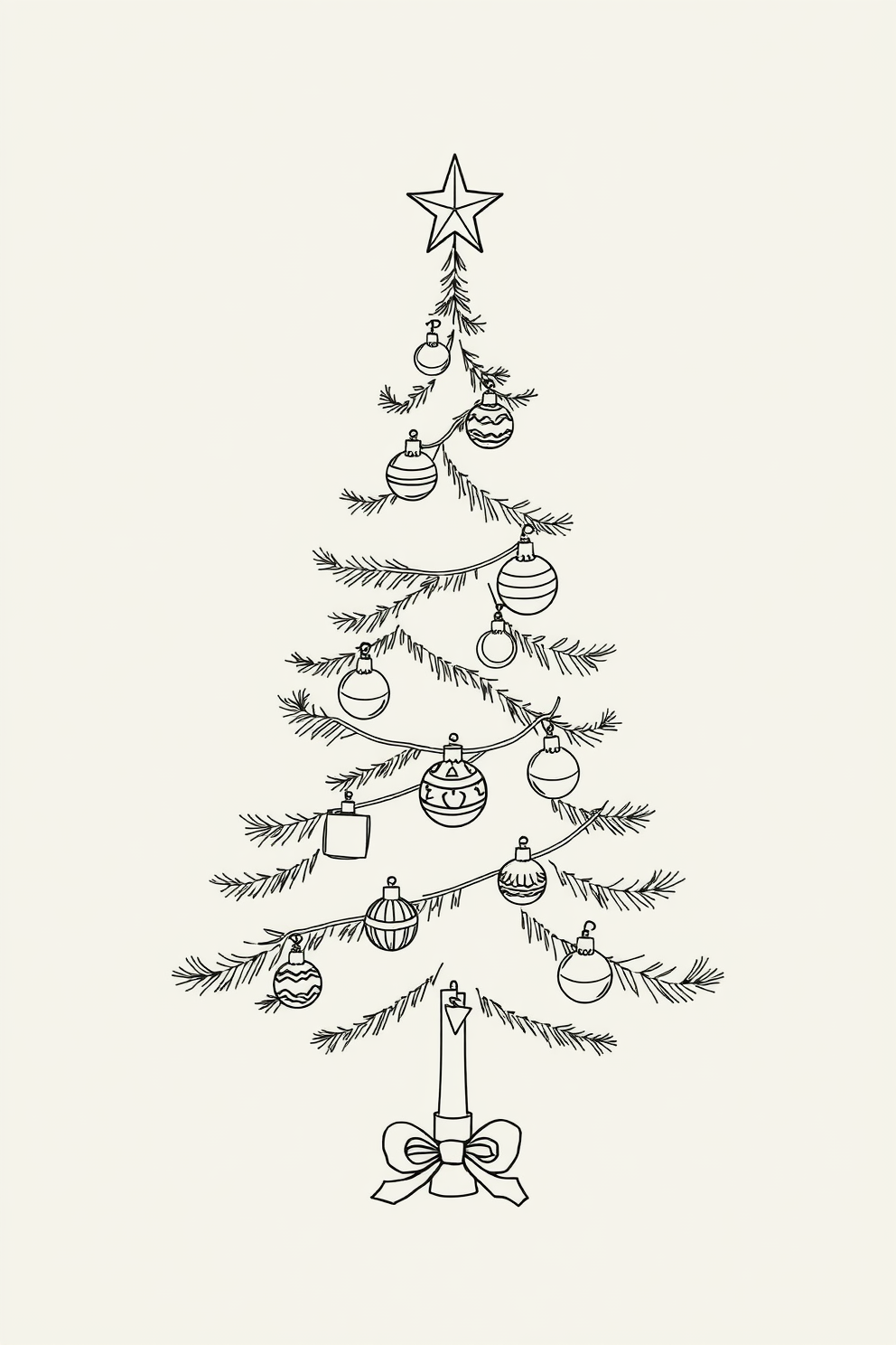 Line Drawing of a Christmas Tree with Ornaments