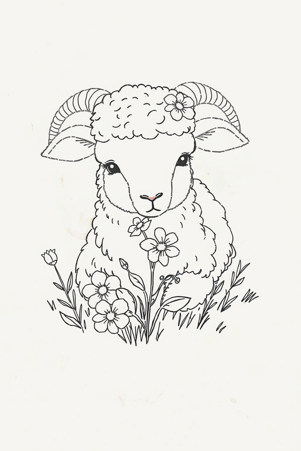 Line Drawing of a Lost Sheep with Flowers Drawing
