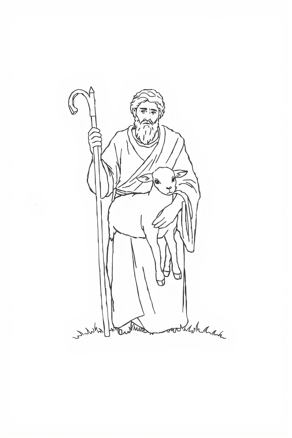 Line Drawing of a Shepherd with Lamb drawing