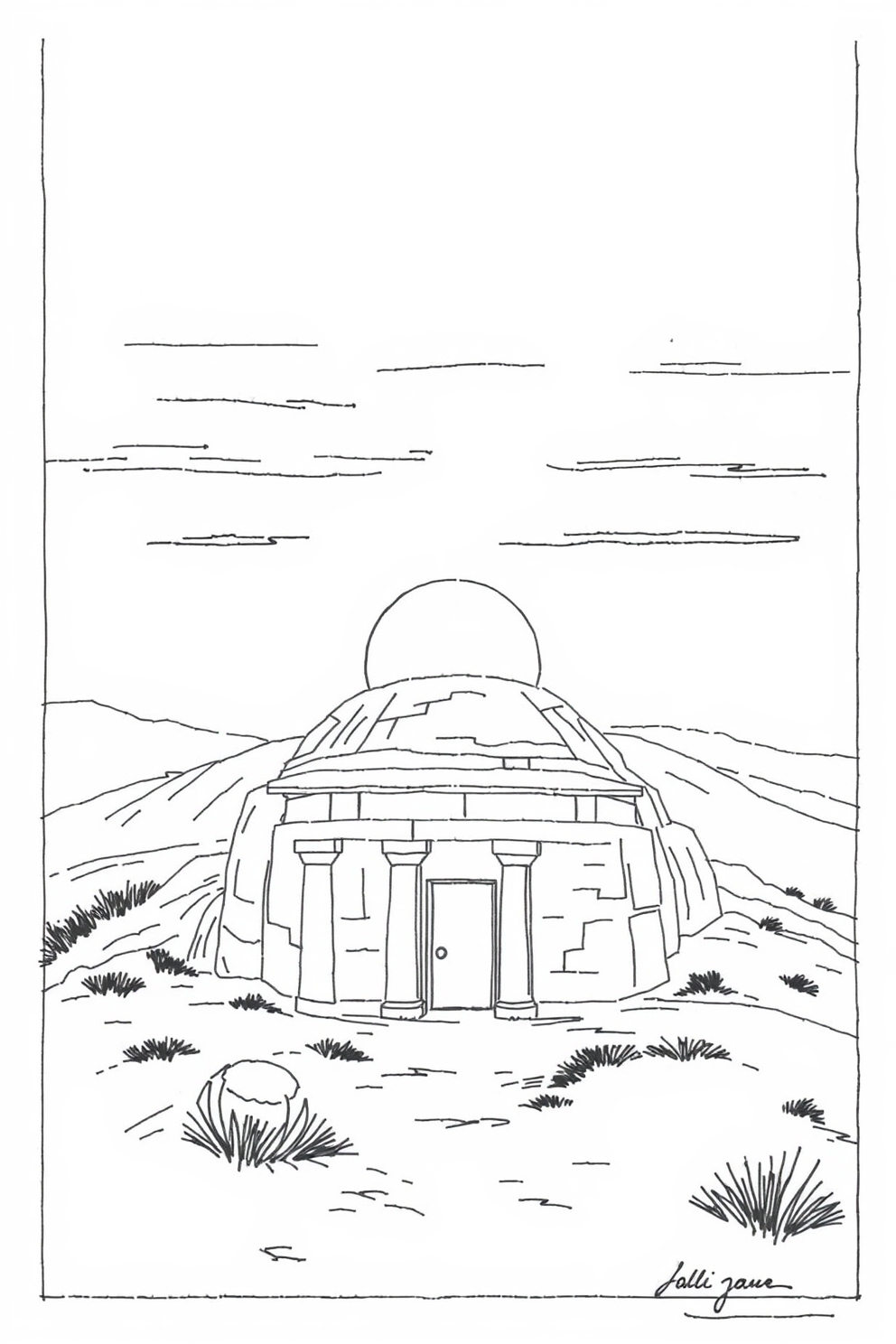 Line Drawing of a Sunrise over the Tomb Drawing