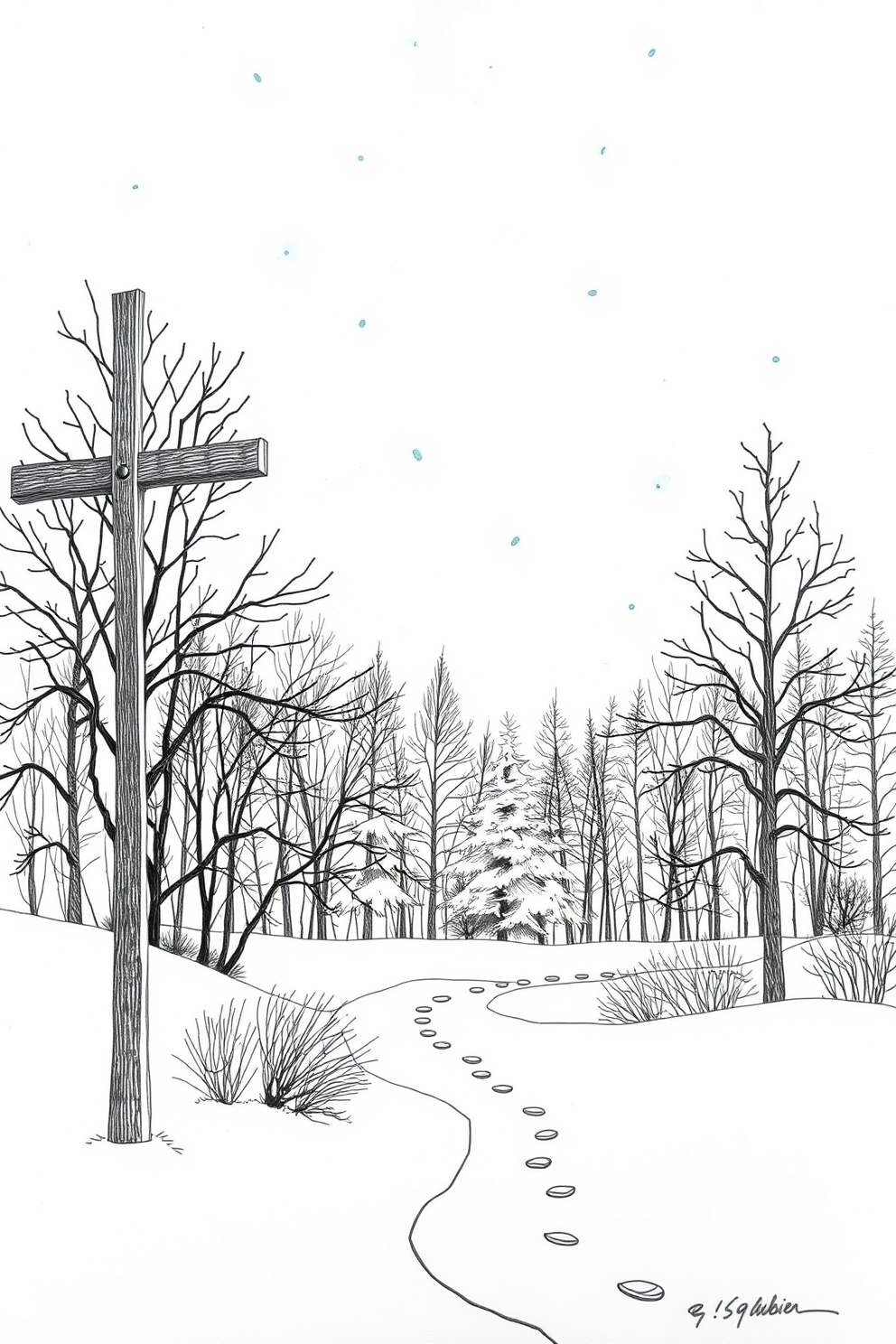 Line Drawing of a Winter Scene with a Cross Drawing