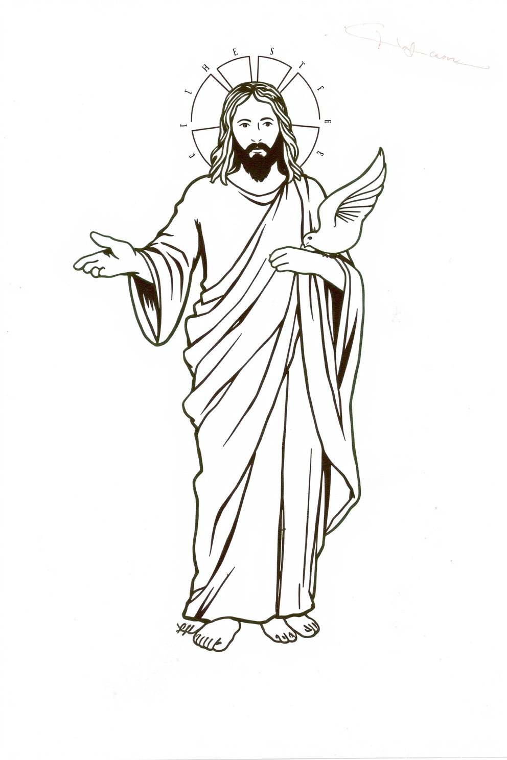 Line drawing of Jesus with a dove