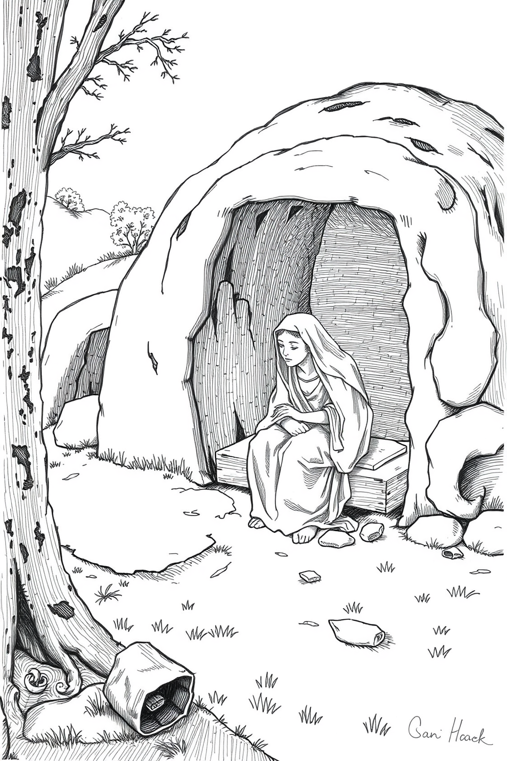 Mary Magdalene at the Tomb Nature Surrounding Drawing